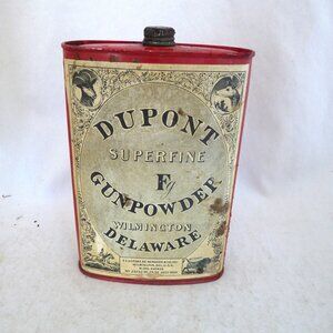 Vintage DuPont Superfine FG gunpowder empty tin advertising